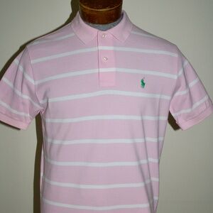 POLO RALPH LAUREN CLASSIC FIT PINK & WHITE STRIPE PIQUE POLO SHIRT MEDIUM